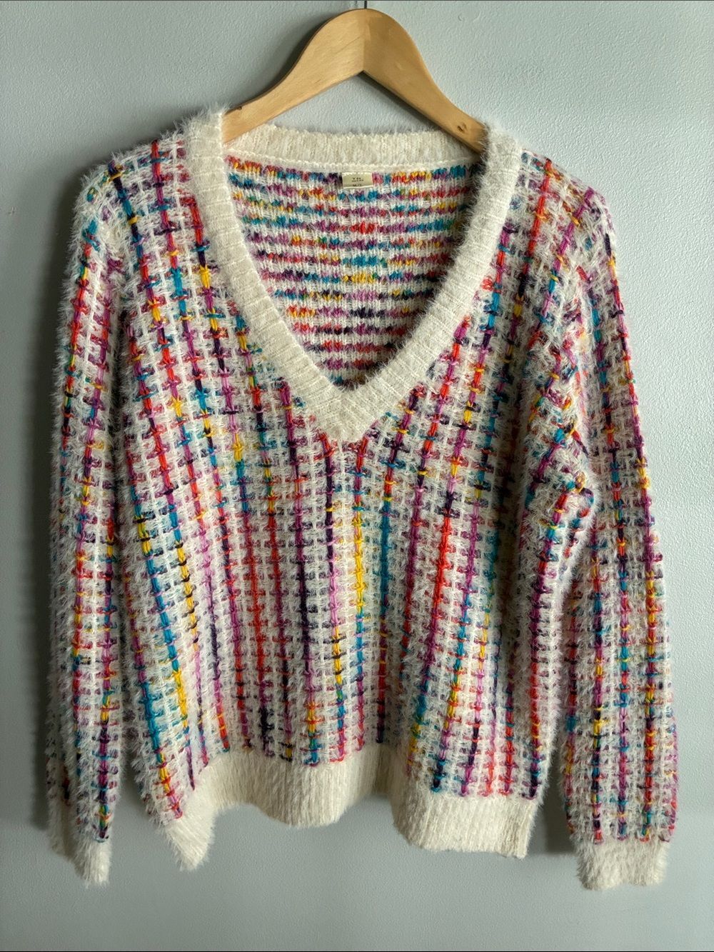 Colorful Textured Woven Knit Sweater Chunky Cozy V Neck Soft M/L